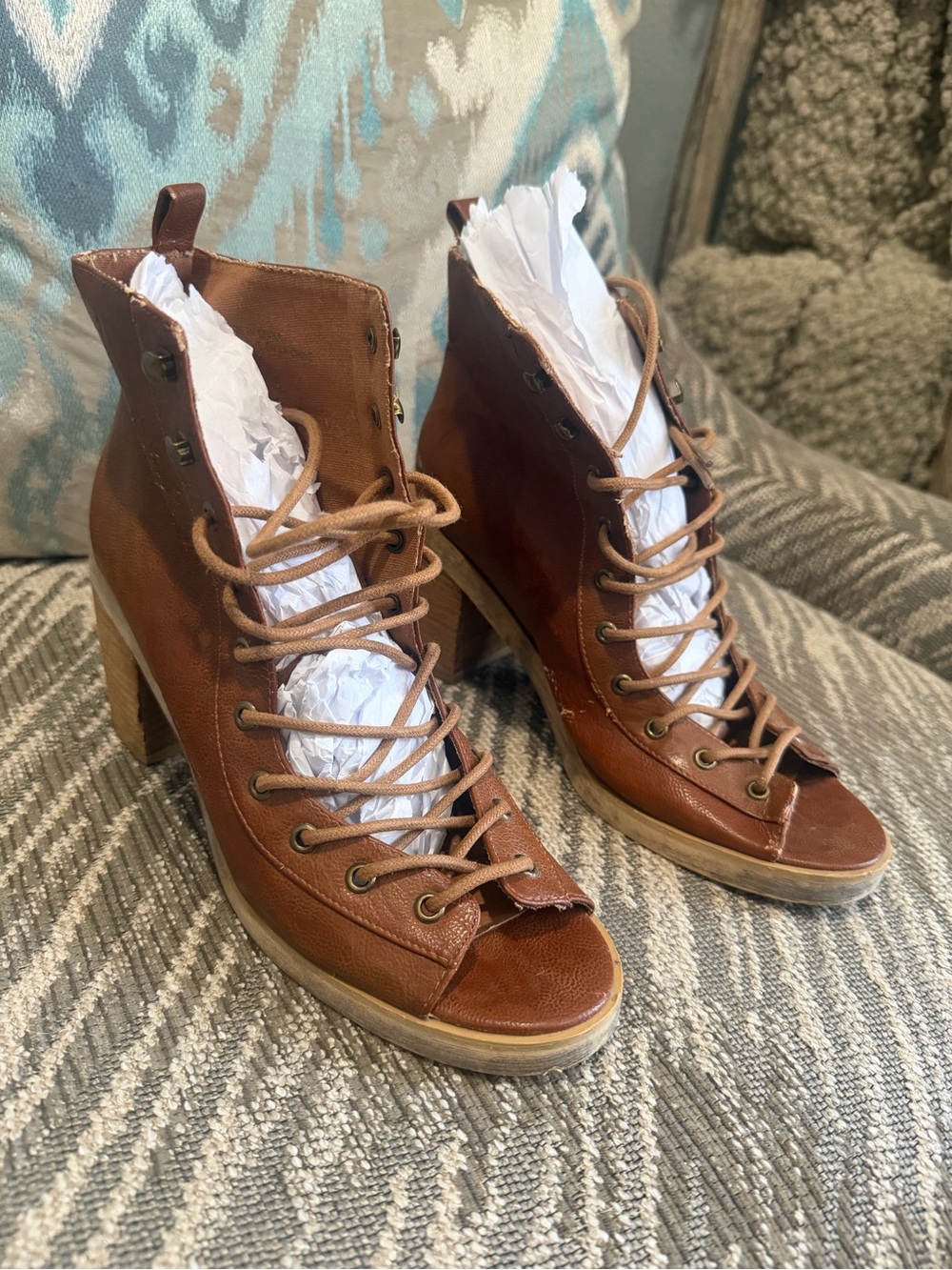 Deena & Ozzy Brown Lace-Up Open-Toe Heel Boots